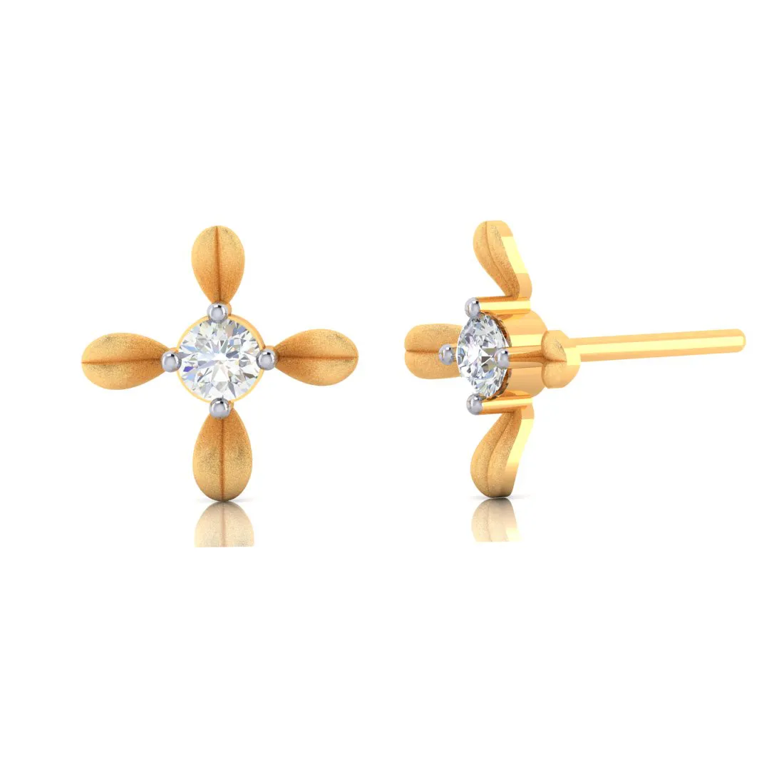 14k Gold Earrings With 4 Petal Floral Designed And American Diamond