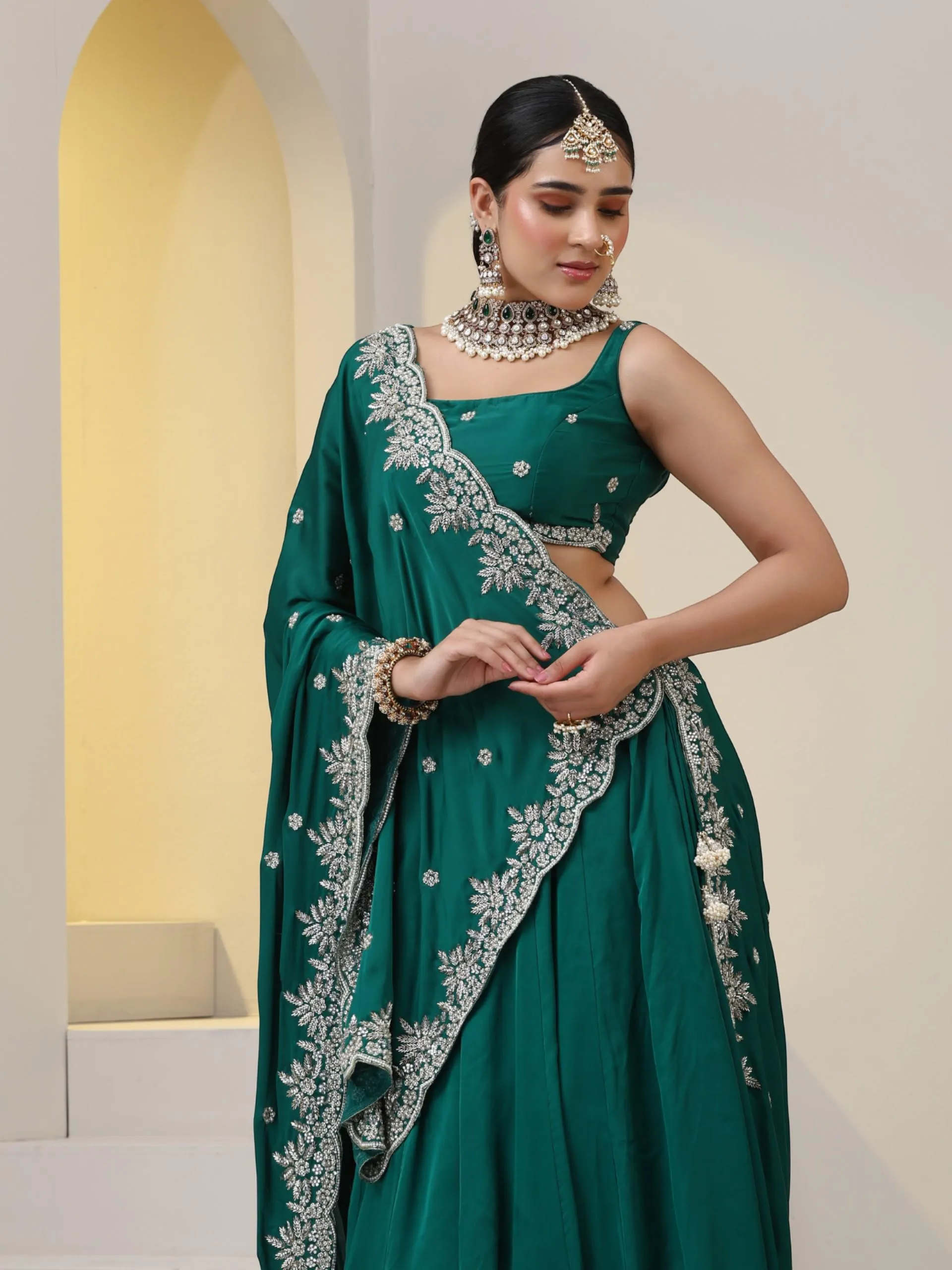 3 pc SET - Emerald Satin Lehenga with Hand Embroidered Blouse fabric and Dupatta