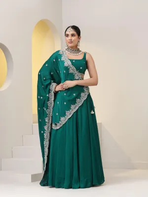 3 pc SET - Emerald Satin Lehenga with Hand Embroidered Blouse fabric and Dupatta