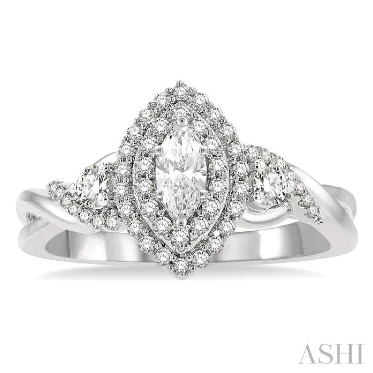 5/8 Ctw Split Twisted Shank Round Cut Diamond Engagement Ring With 1/4 ct Marquise Cut Center Stone in 14K White Gold