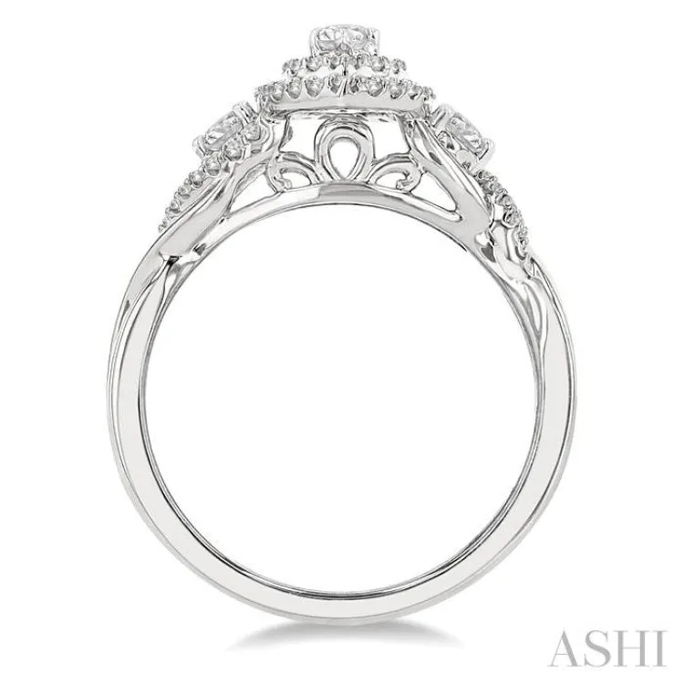 5/8 ctw Split Twisted Shank Round Cut Diamond Engagement Ring With 1/4 ctw Marquise Cut Center Stone in 14K White Gold