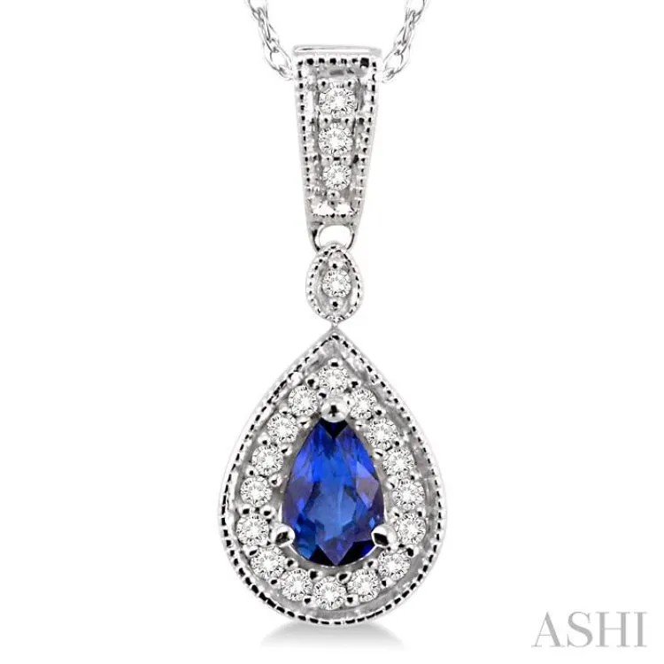 6x4mm Pear Shape Sapphire and 1/6 Ctw Round Cut Diamond Pendant in 14K White Gold with Chain