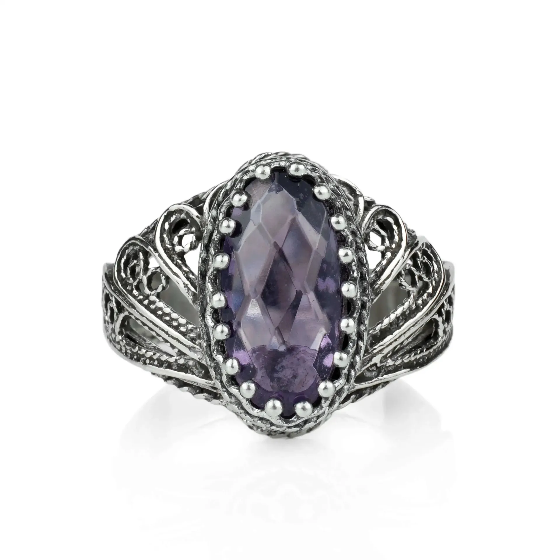 Amethyst Angel Design Silver Cocktail Ring: Filigree Art for Women