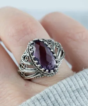 Amethyst Angel Design Silver Cocktail Ring: Filigree Art for Women