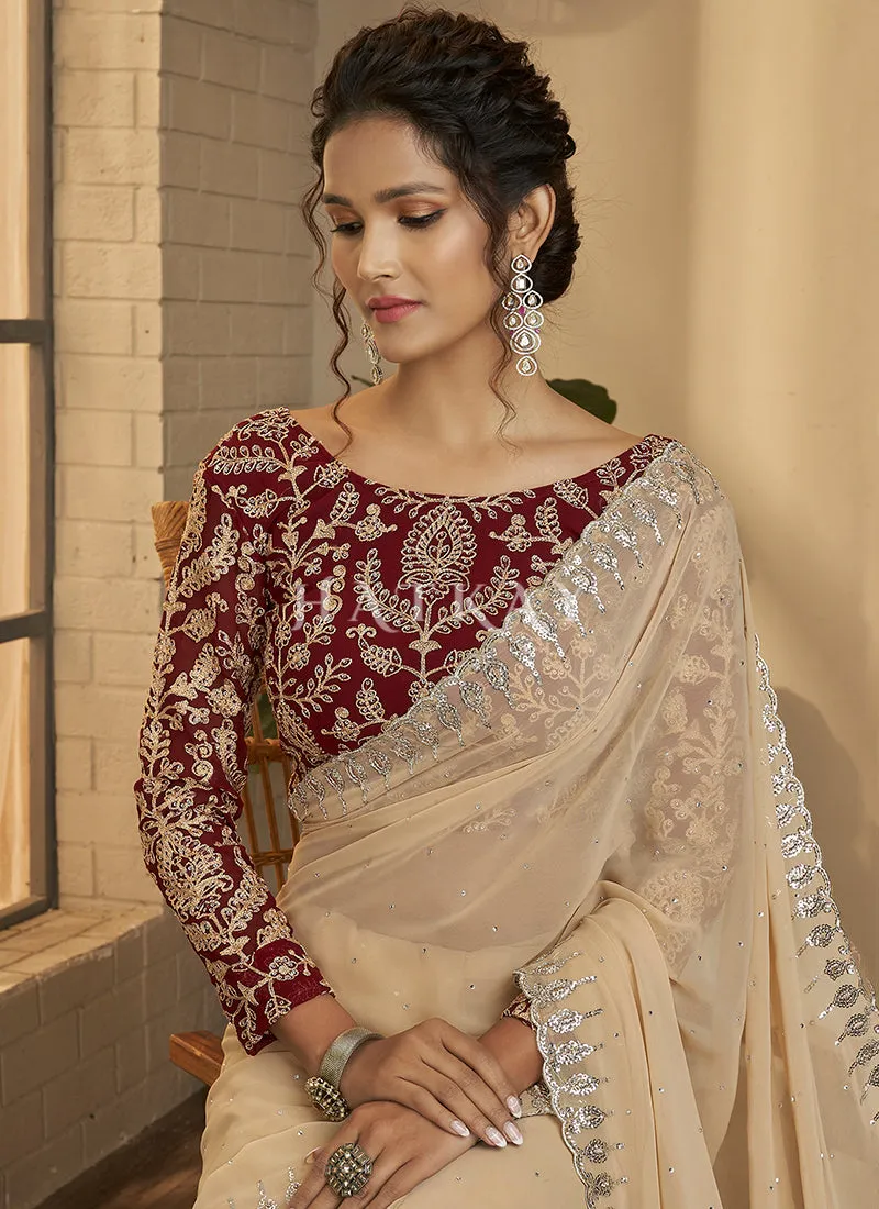 Beige And Maroon Embroidery Silk Saree