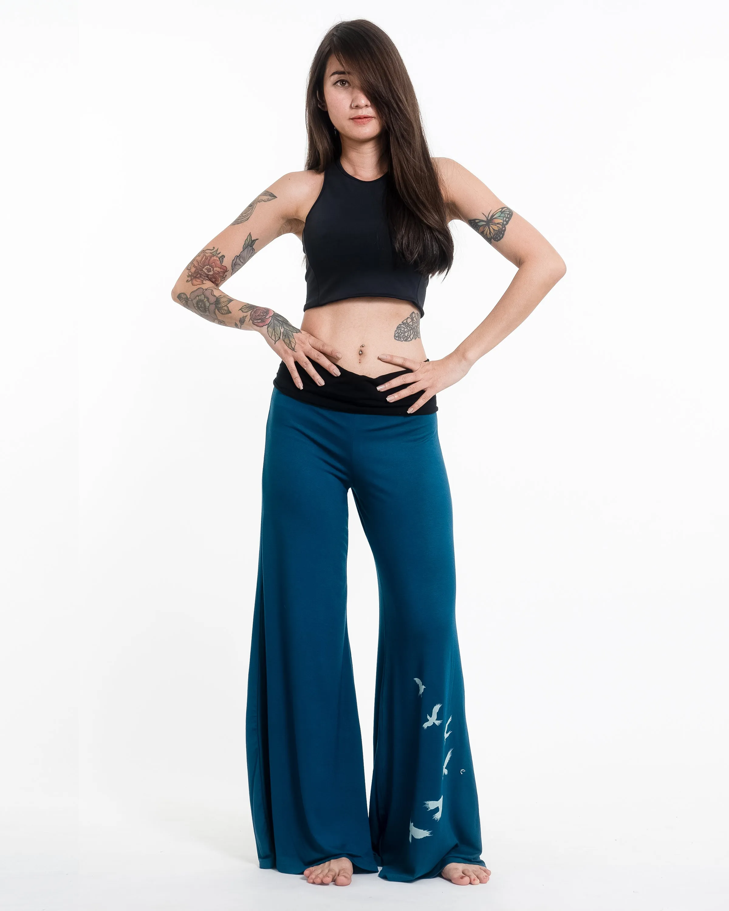 Birds Spandex Wide Leg Palazzo Pants in Turquoise