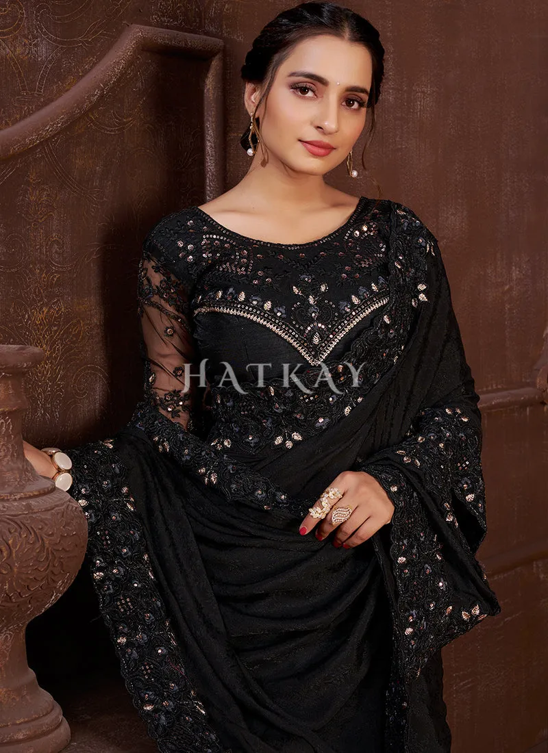 Black Embroidered Wedding Wear Indian Saree