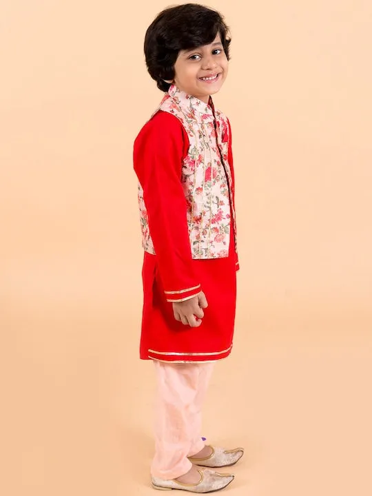 Boys  Red Floral Layered Pure Cotton Kurta Pyjama With Jacket - Ps Peaches