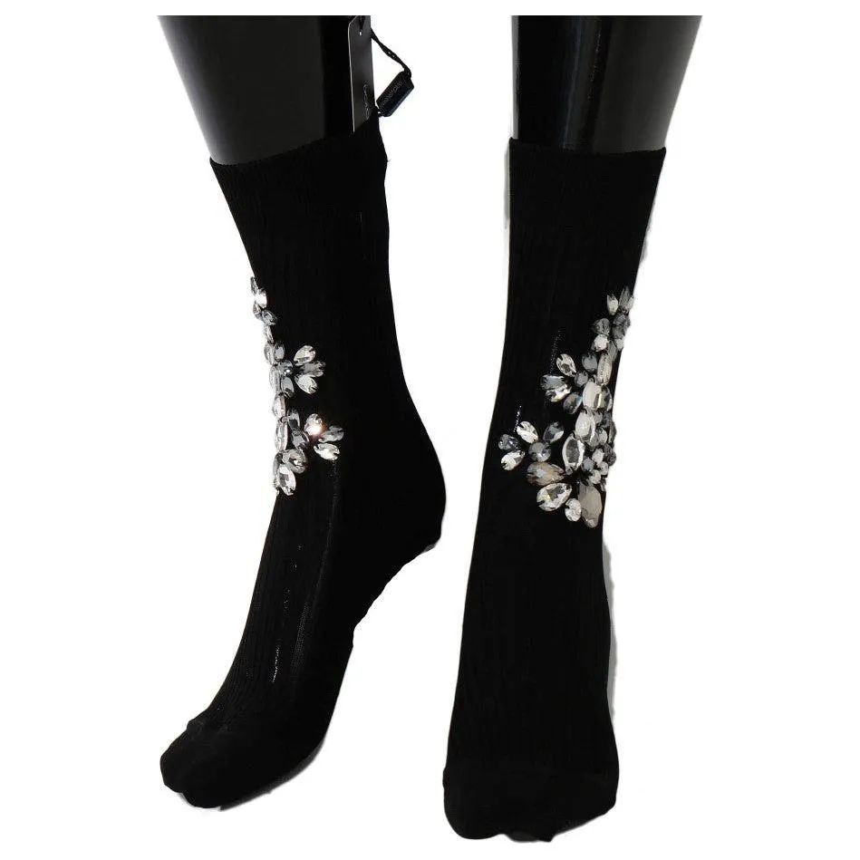 Dolce & Gabbana Crystal Embellished Black Knit Stockings