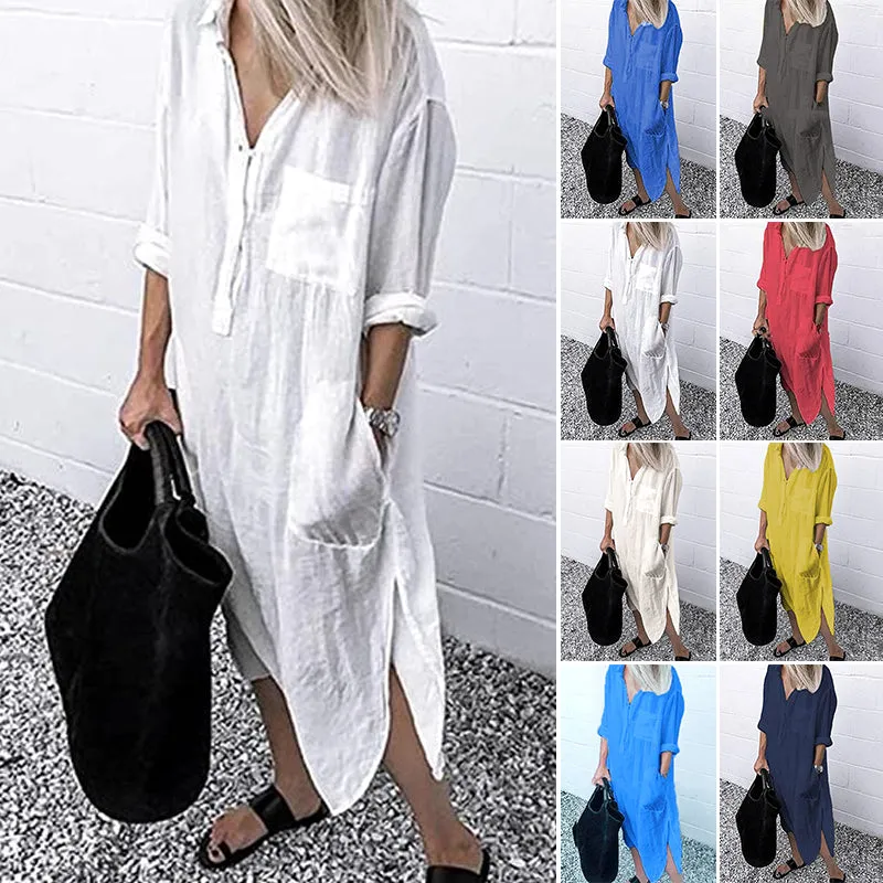 Elegant Solid Color Slit Shirt Dress