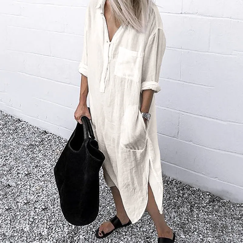 Elegant Solid Color Slit Shirt Dress