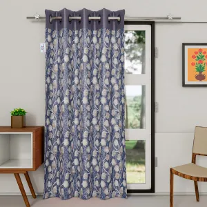 Heart Home Silk Decorative 7 Feet Door Curtain | Leaf Print Blackout Drapes Curtain with 8 Eyelet for Home & Office (Blue)