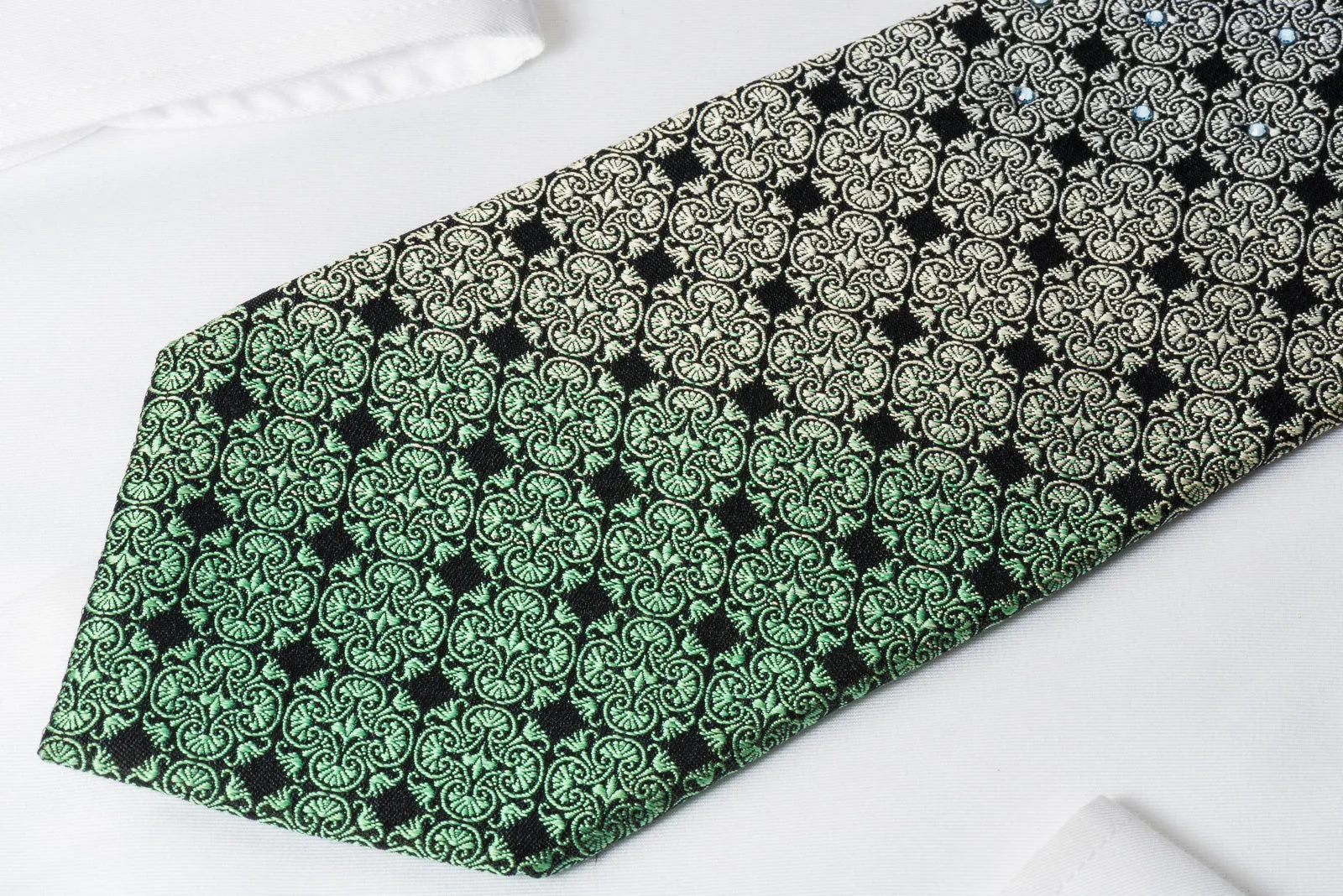 Indian Homme Rhinestone Necktie Blue Green Flur De Lis Motif On Black Silk