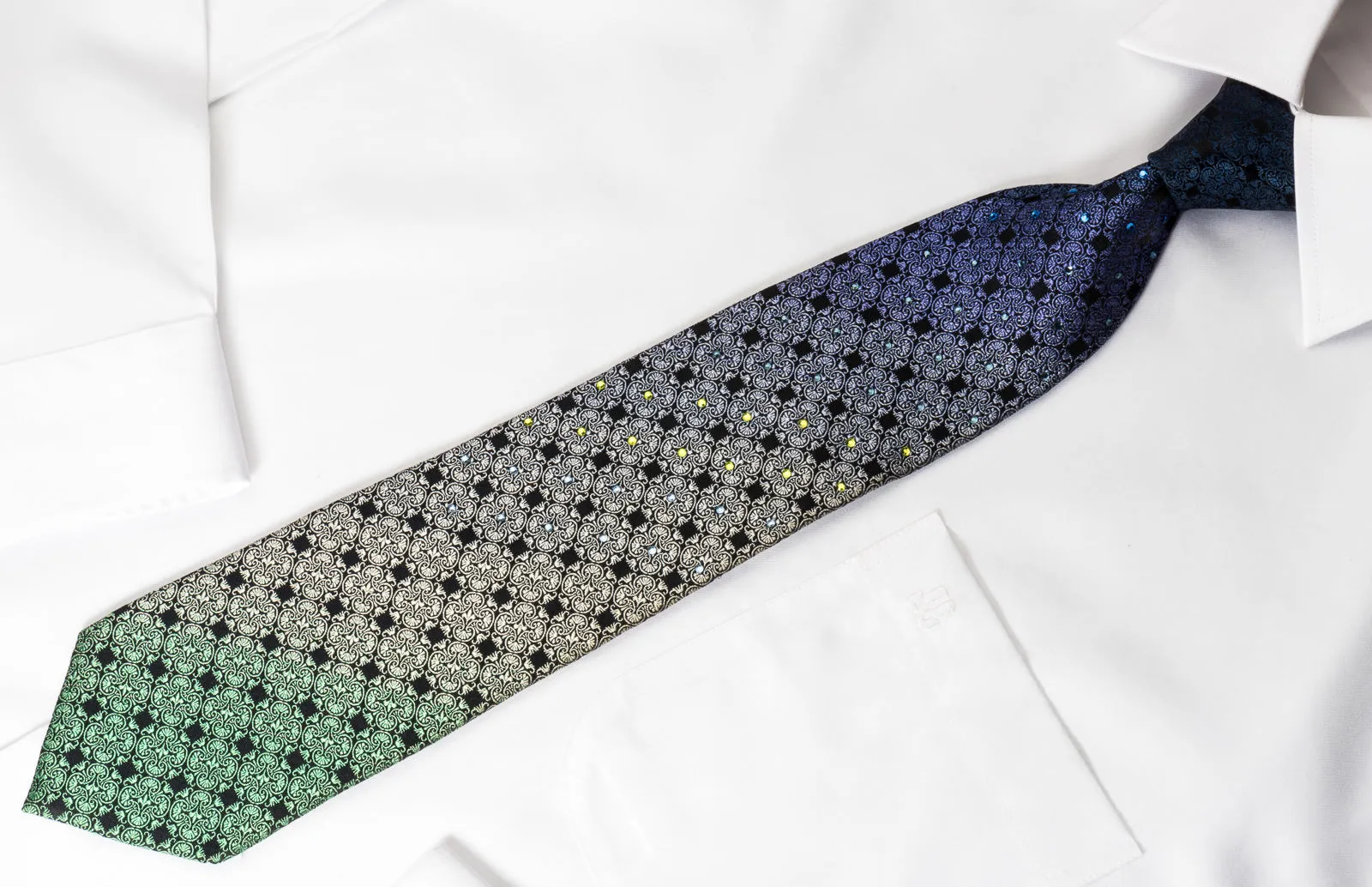 Indian Homme Rhinestone Necktie Blue Green Flur De Lis Motif On Black Silk