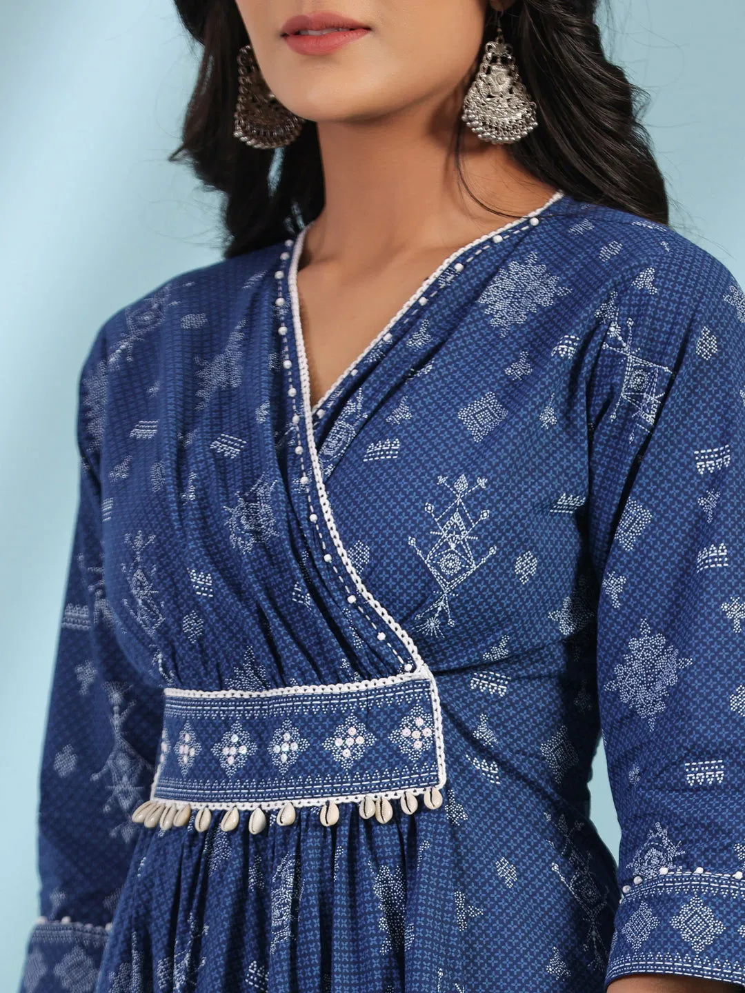 Jashvi Blue Geometric Printed Pure Cotton Midi Dress With Lace Work