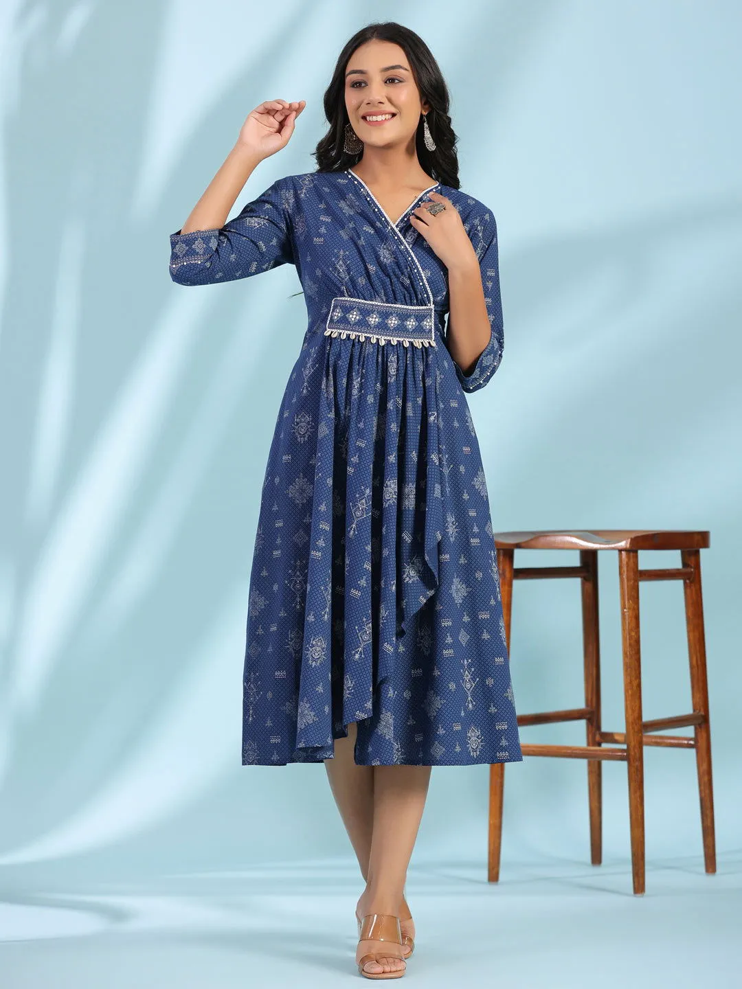 Jashvi Blue Geometric Printed Pure Cotton Midi Dress With Lace Work