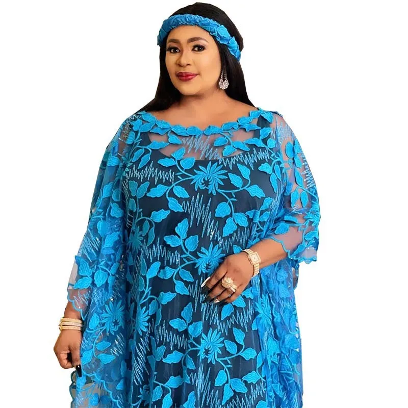 Lace Embroidery Loose Plus Size Robe Including Headscarf Dress