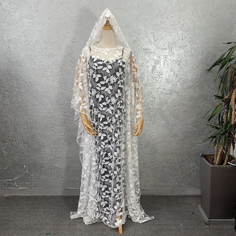 Lace Embroidery Loose Plus Size Robe Including Headscarf Dress