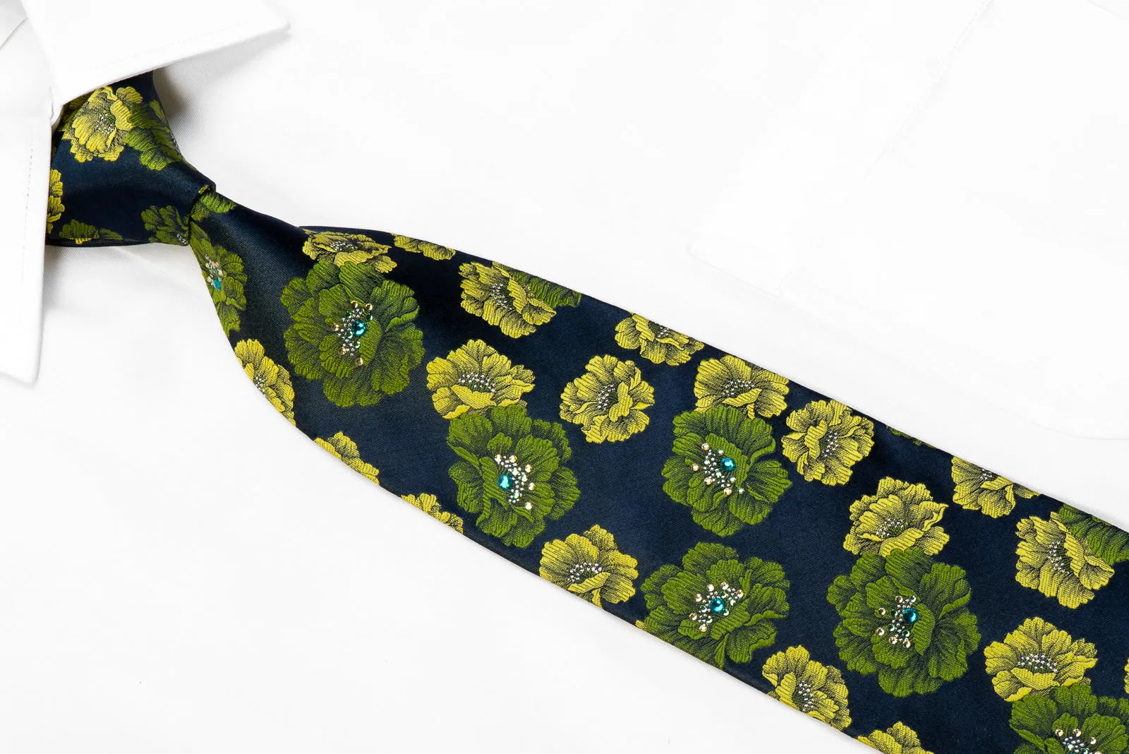 Lancetti Rhinestone Silk Necktie Green Floral On Navy With Sparkles