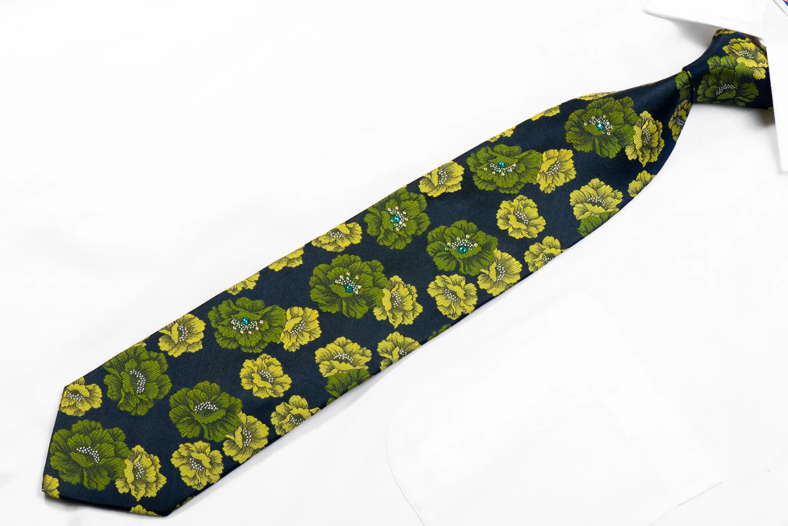 Lancetti Rhinestone Silk Necktie Green Floral On Navy With Sparkles