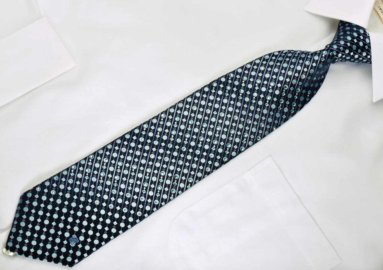 Louis Quatorze Rhinestone Necktie Dots & Stripes On Blue With Silver Sparkles