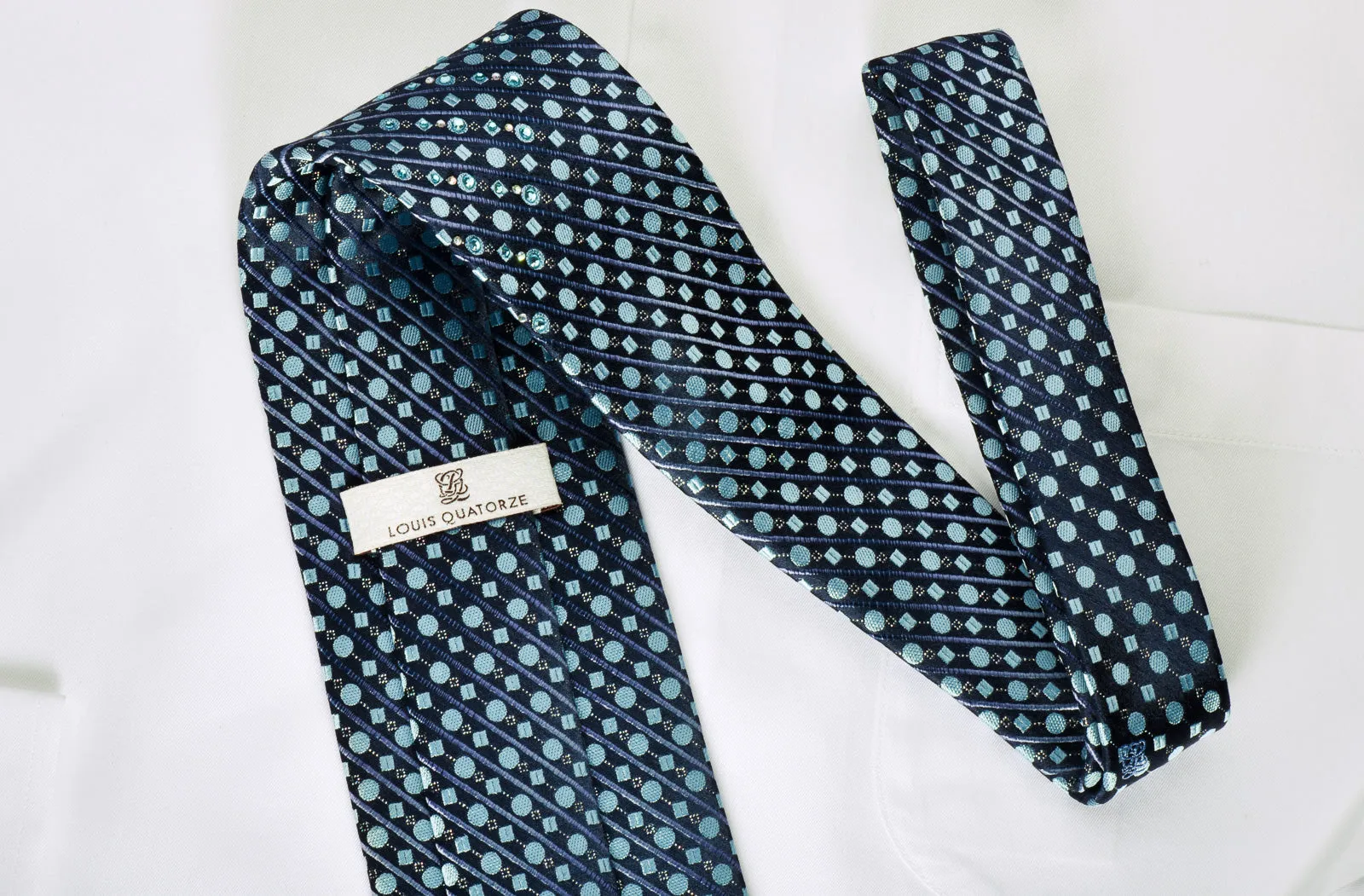 Louis Quatorze Rhinestone Necktie Dots & Stripes On Blue With Silver Sparkles