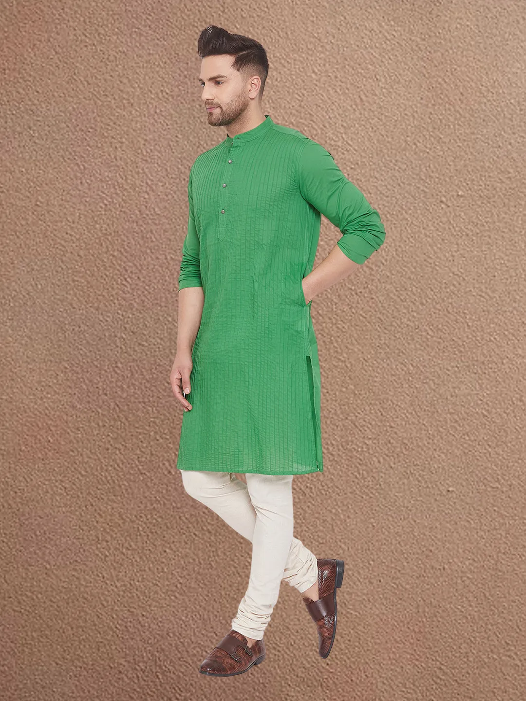 Men's Pintuck Fancy Green Kurta - Even Apparels