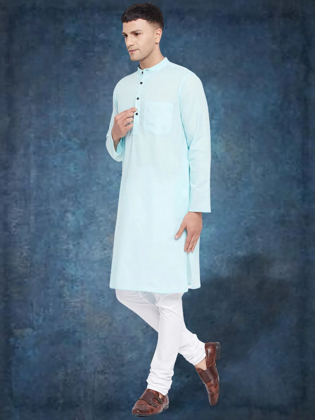 Men's Pure Cotton  Blue Kurta - Even Apparels