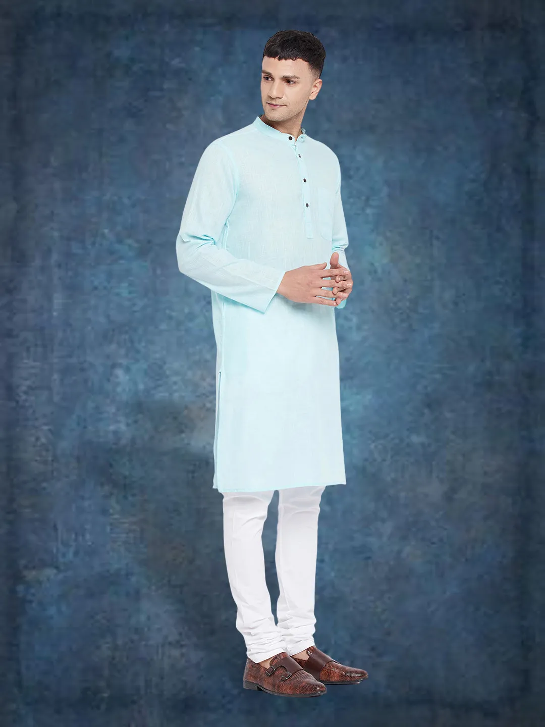 Men's Pure Cotton  Blue Kurta - Even Apparels