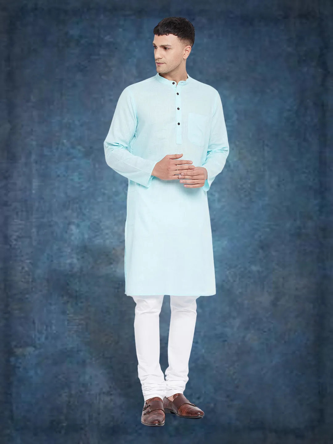 Men's Pure Cotton  Blue Kurta - Even Apparels