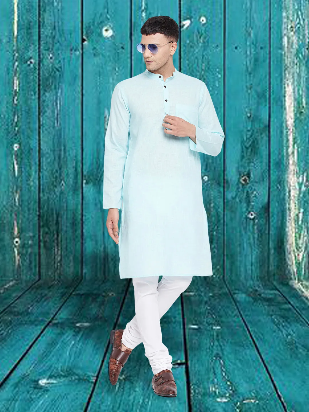 Men's Pure Cotton  Blue Kurta - Even Apparels