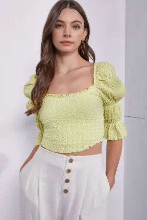 Mustard Seed Crinkle Texture Puff Sleeve Crop Top