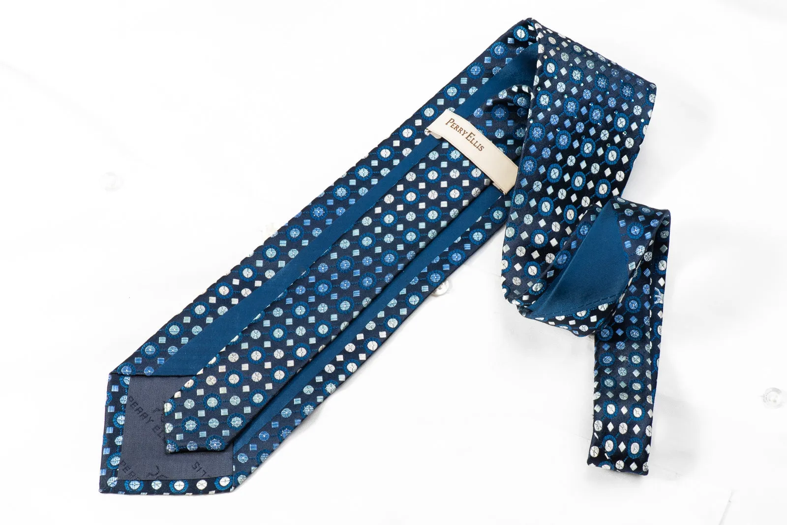 Perry Ellis Men's Crystal Silk Tie Geometric On Blue With Silver Sparkles