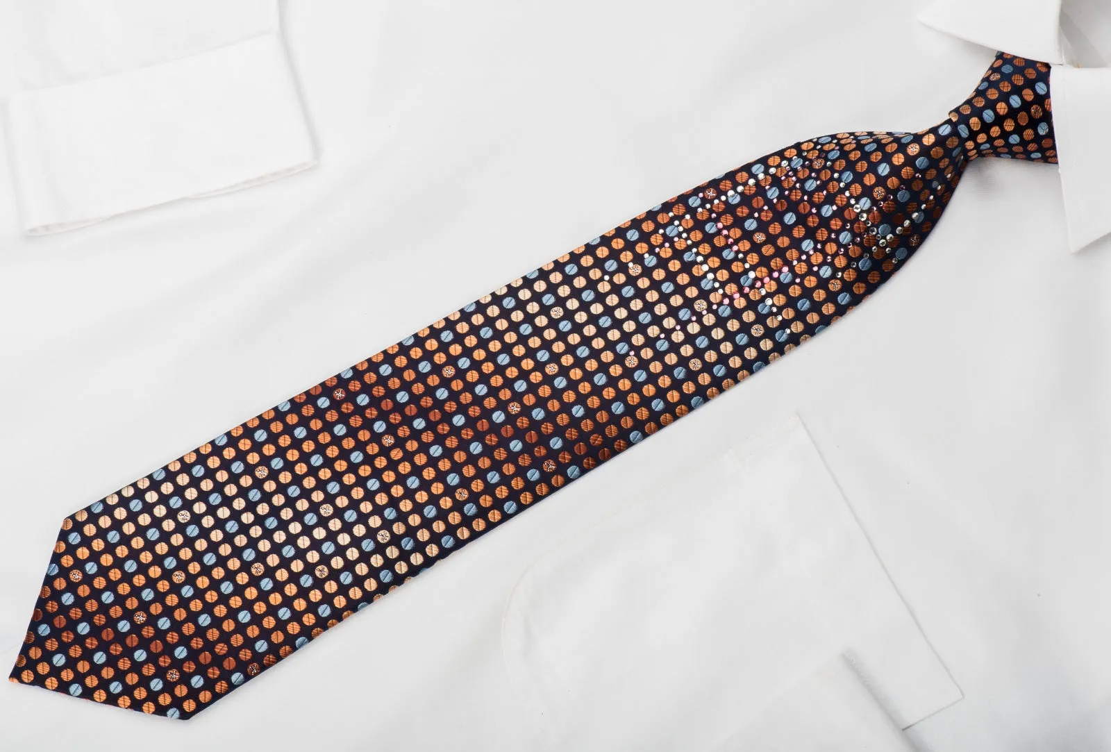 Perry Ellis Rhinestone Tie Blue Orange Dots On Navy With Silver Sparkles