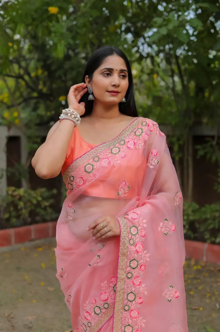 Pink Floral Organza Embroidery Saree