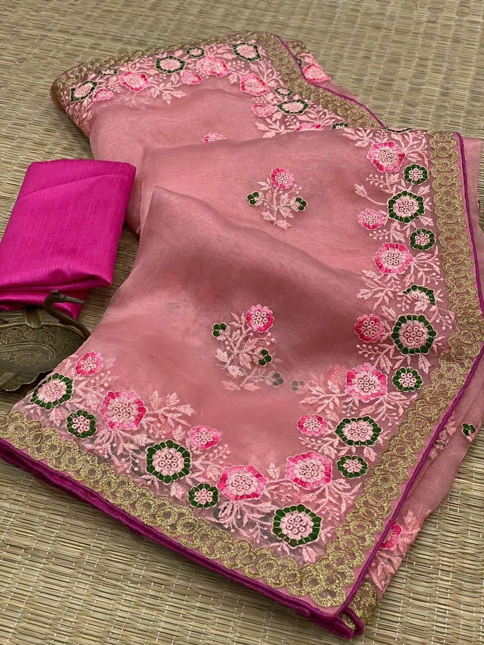 Pink Floral Organza Embroidery Saree