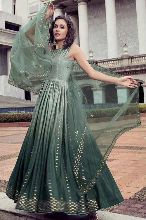 Pista To Green Multi Color Chinon Thread And Sequence Embroidered Work Gown