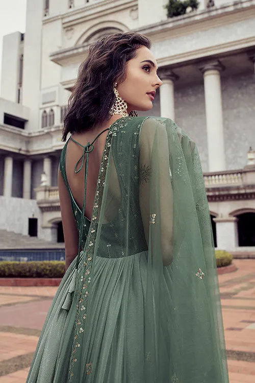 Pista To Green Multi Color Chinon Thread And Sequence Embroidered Work Gown