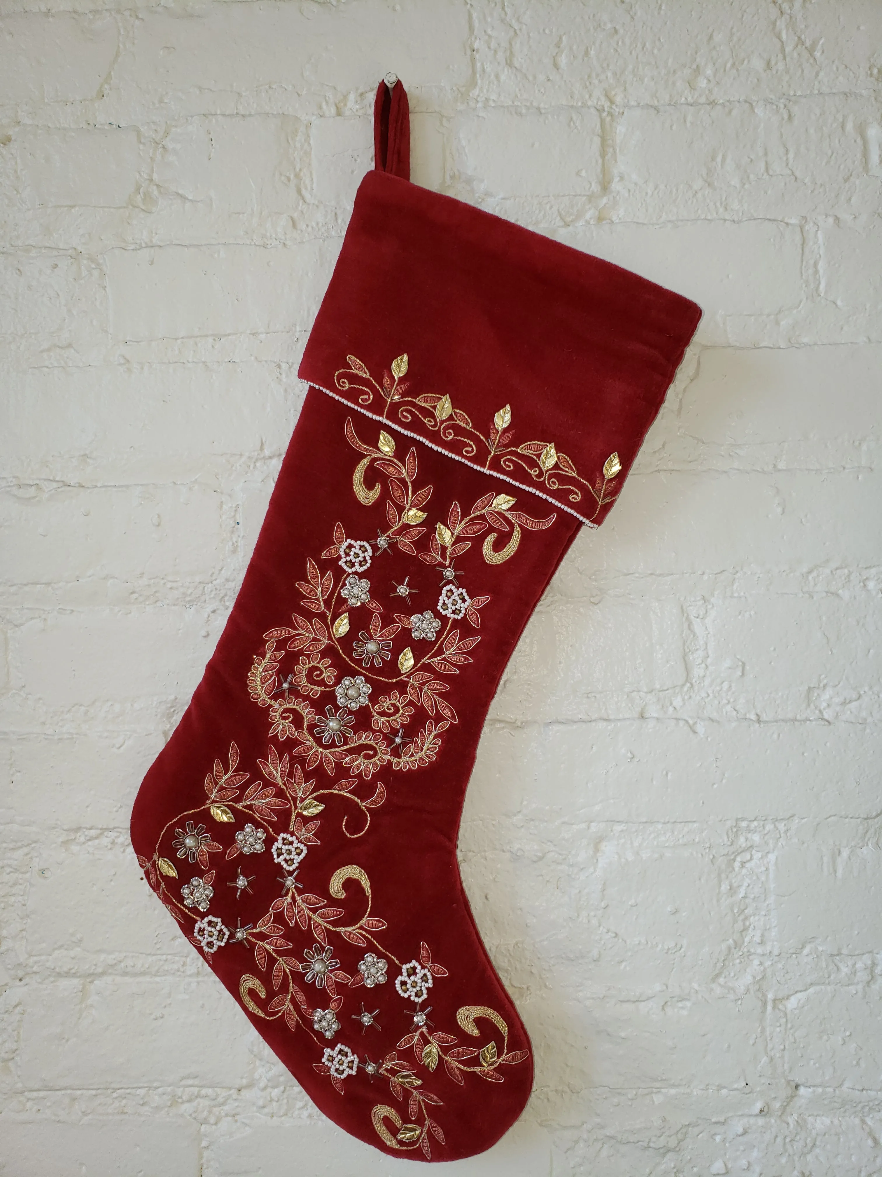 Red Velvet Stocking with Pearl and Embroidery