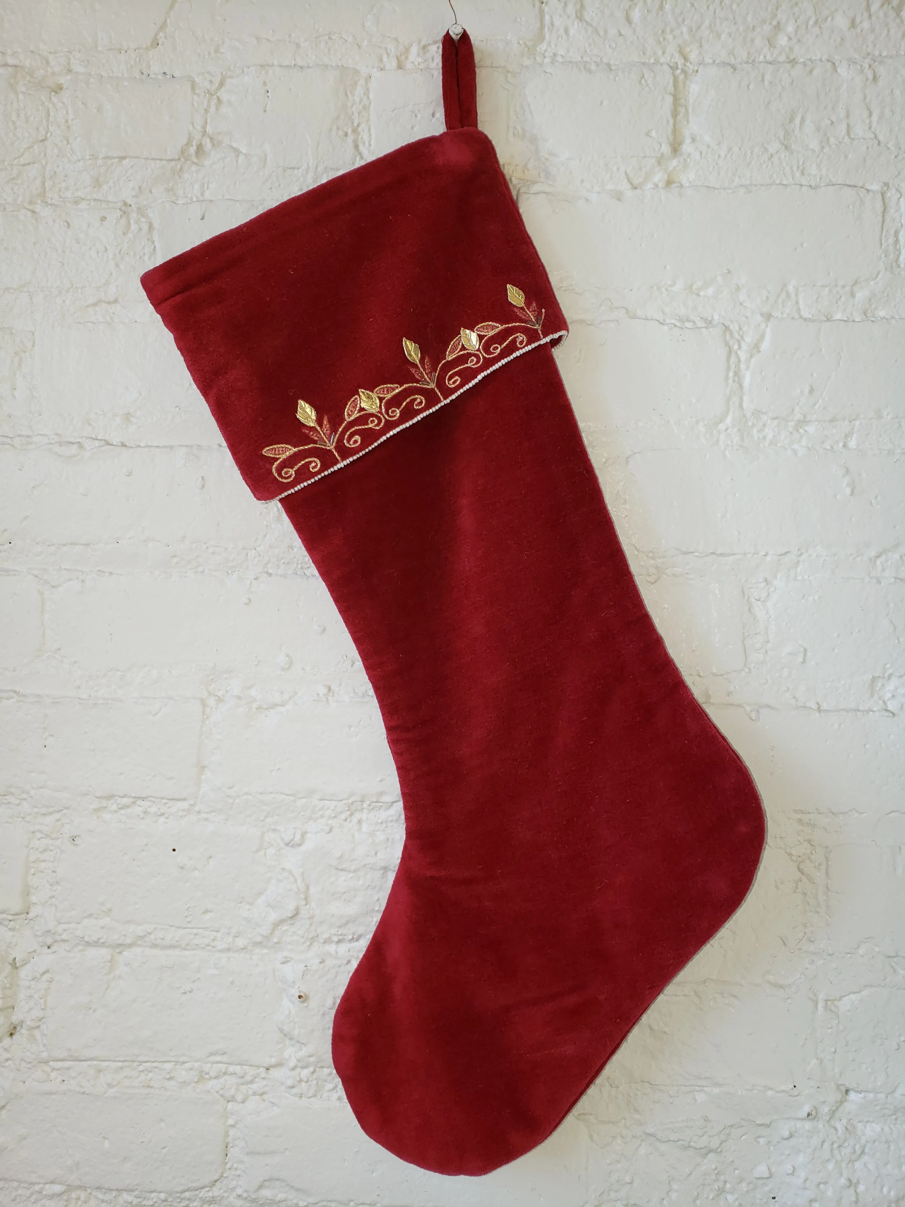 Red Velvet Stocking with Pearl and Embroidery