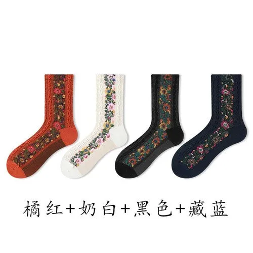 Retro socks women's tube socks ethnic style literary forest floral Japanese pile stockings stockings