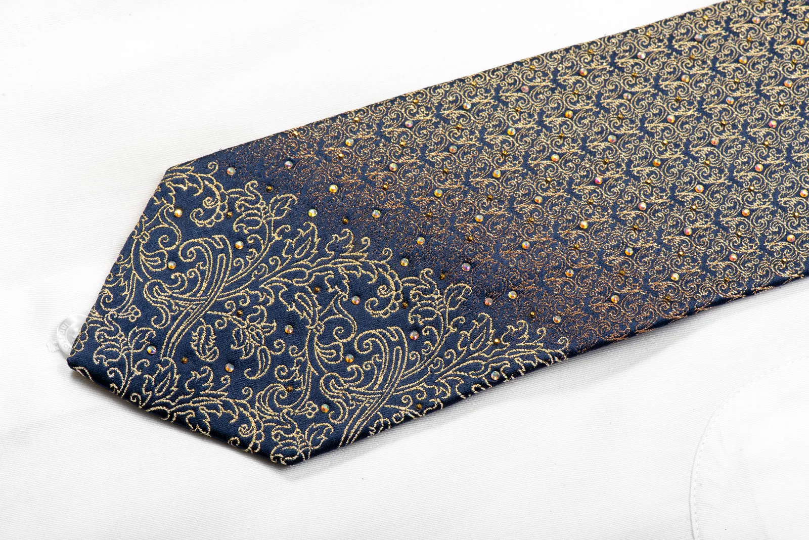 Rhinestone Silk Necktie Gold Filigree On Navy With Gold Studs