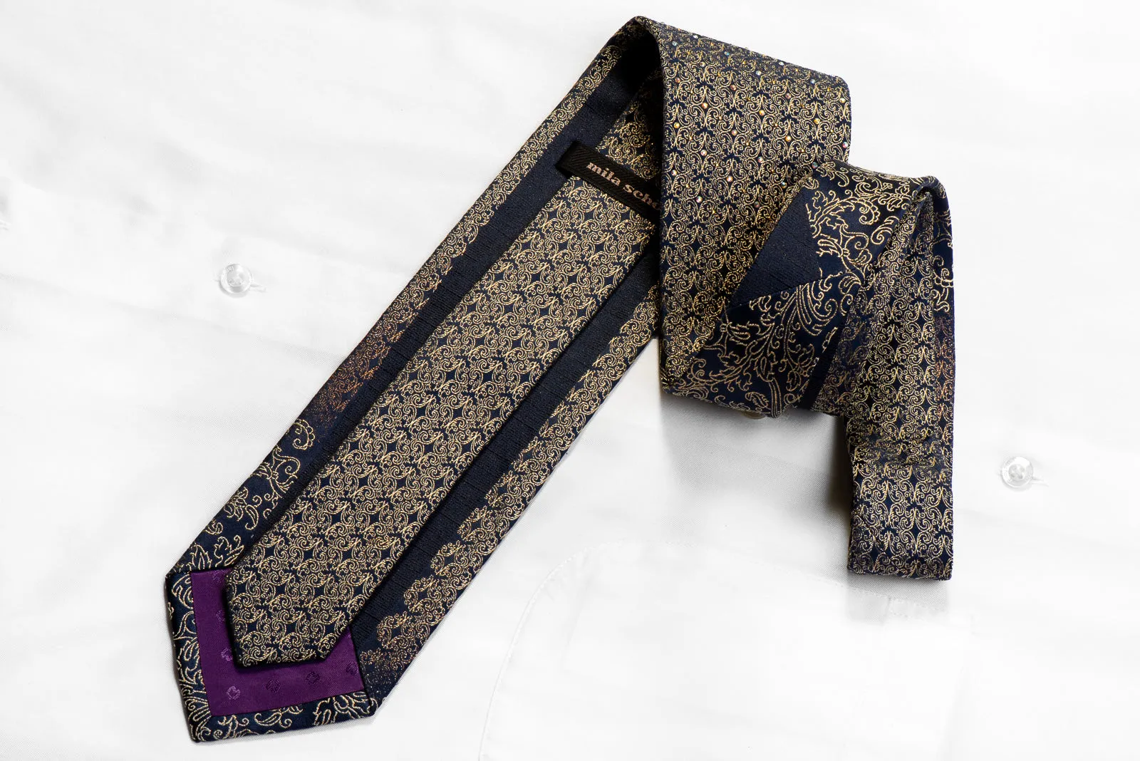 Rhinestone Silk Necktie Gold Filigree On Navy With Gold Studs