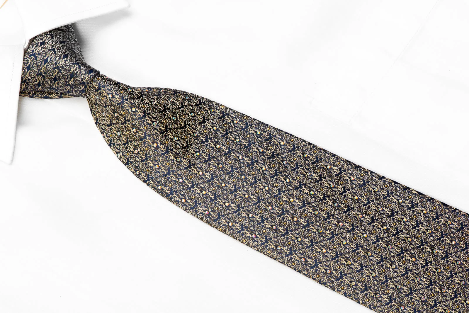 Rhinestone Silk Necktie Gold Filigree On Navy With Gold Studs