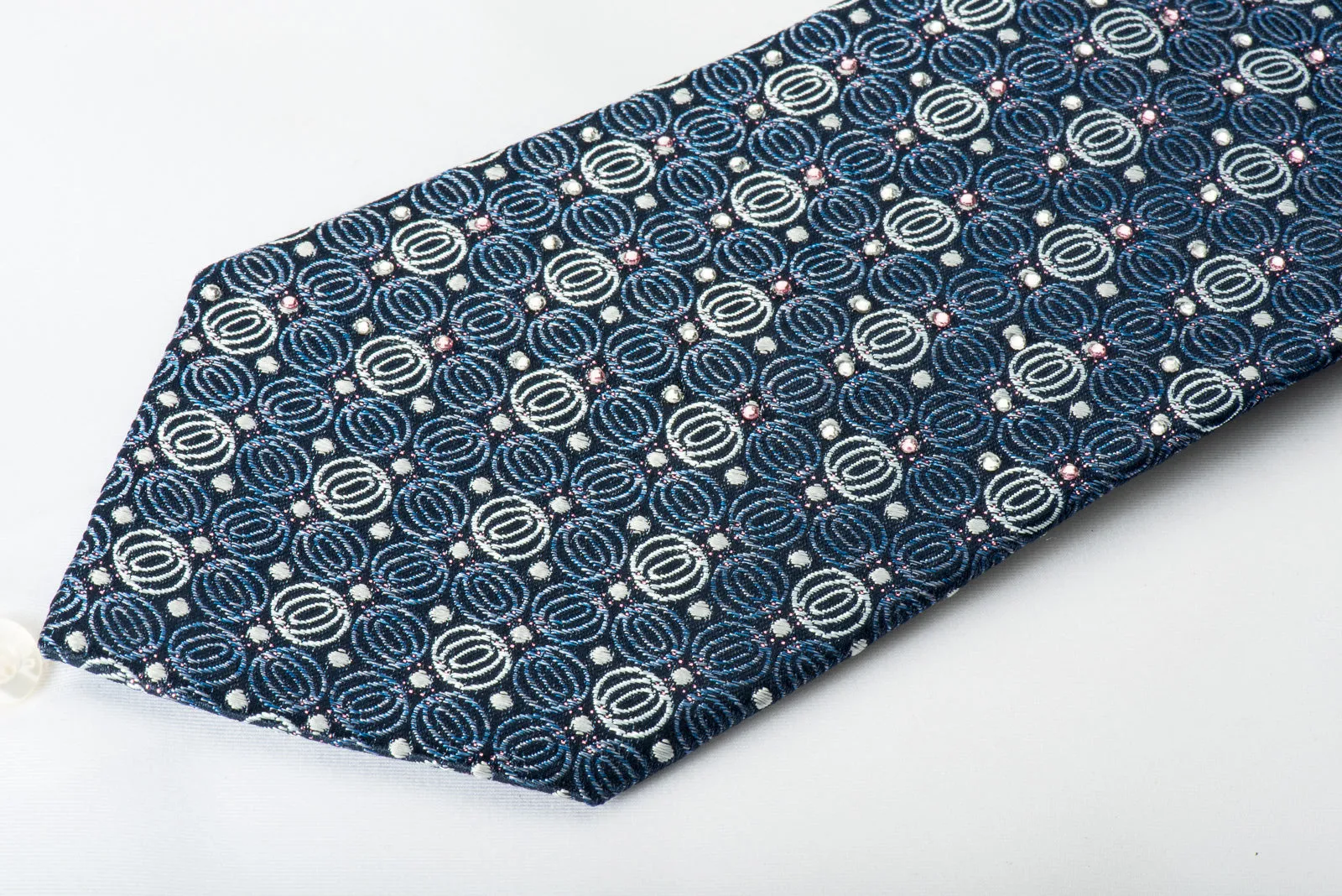 Rogatis Rhinestone Silk Necktie Geometric Circles On Dark Blue With Purple Sparkles