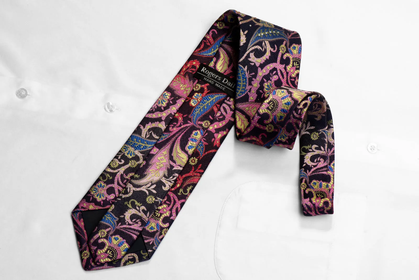 Rogers Dail Crystal Silk Tie Colorful Anthemion Floral On Navy