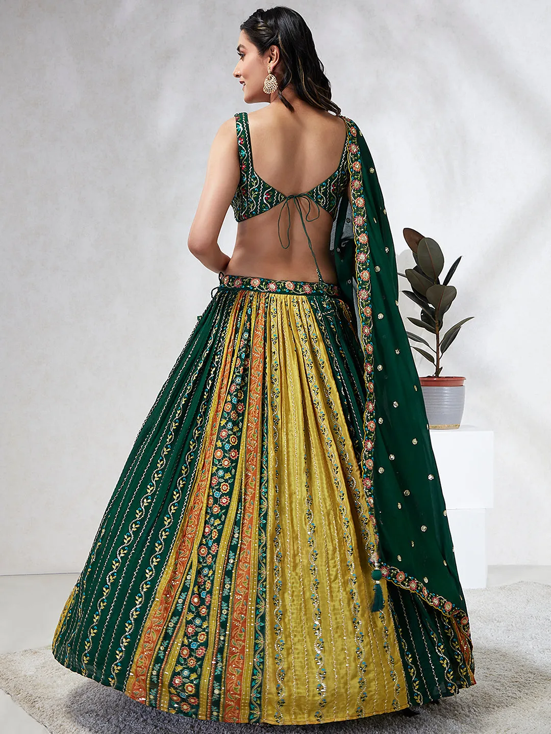 Royal Green Chiffon Lehenga Choli Set with Exquisite Sequin Embroidery & Threadwork