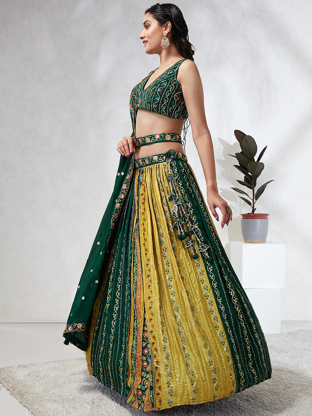 Royal Green Chiffon Lehenga Choli Set with Exquisite Sequin Embroidery & Threadwork