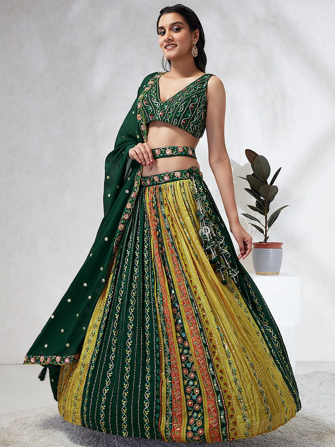 Royal Green Chiffon Lehenga Choli Set with Exquisite Sequin Embroidery & Threadwork