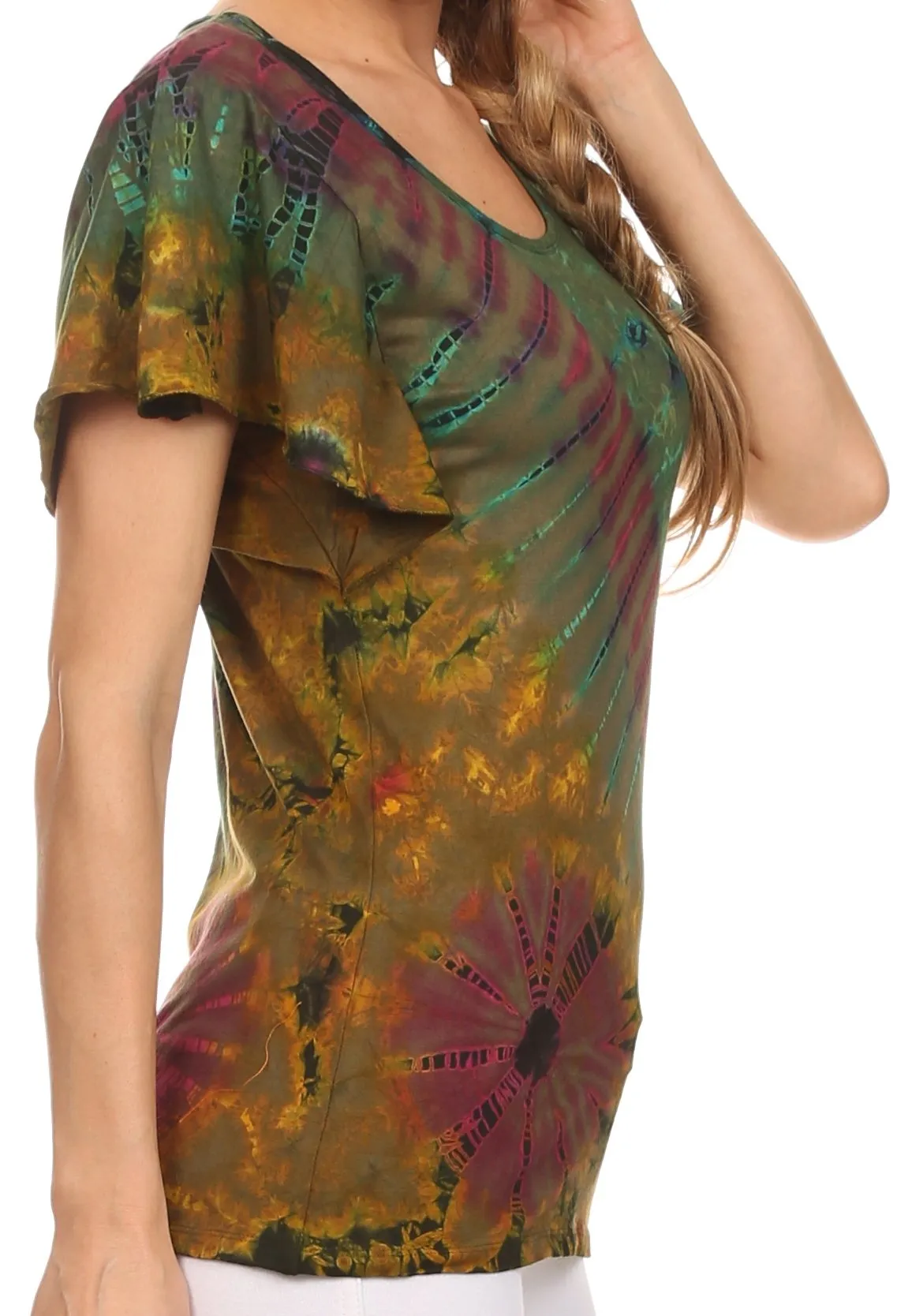 Sakkas Ina Tie Dye Scoop Neck Cap Sleeves Blouse/Top